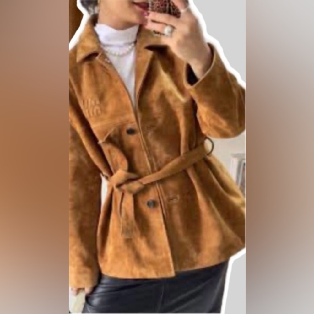 Zara Tan Suede Leather Belted Button Up Jacket Size Large - Picture 6 of 6